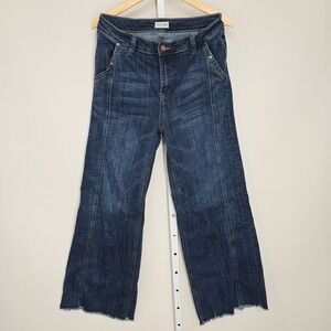 Hint of Blu Women Size 30 Wide Leg Cropped Jeans Dark Wash Raw Hem Seamed‎ Front